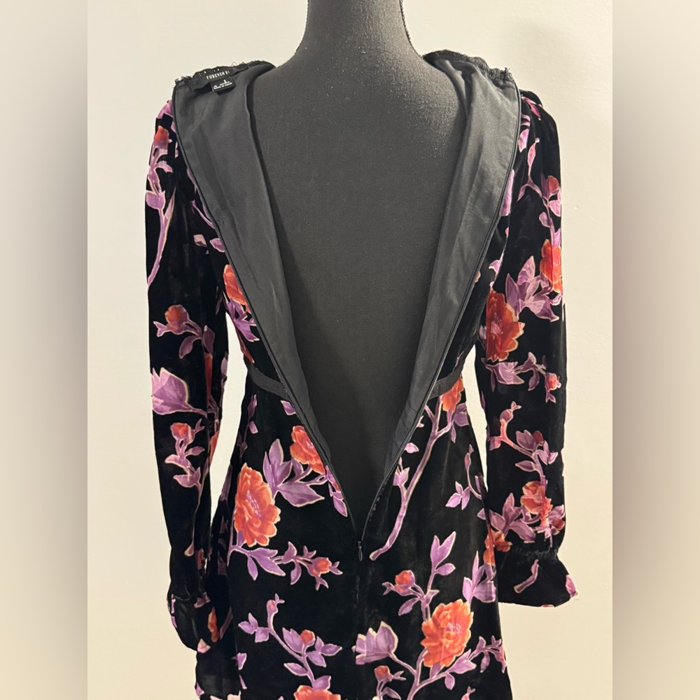 Forever 21 Black Floral Whimsigoth Long Sleeve Dress Small - Picture 8 of 9